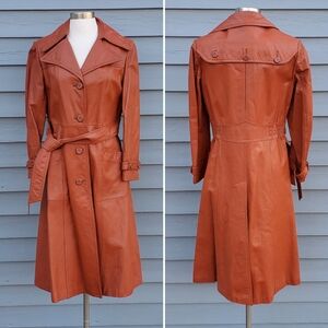 Vintage 70s Mod Boho Burnt Sienna Orange Brown Leather Belted Trench Coat Md